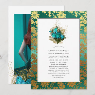 Aquamarin - Türkis & Goldene Blumenfeier Einladung