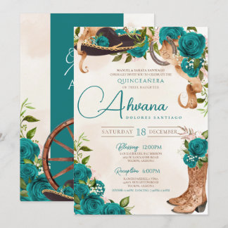Aquamarin Türkis Quinceanera Charro Western Rose Einladung