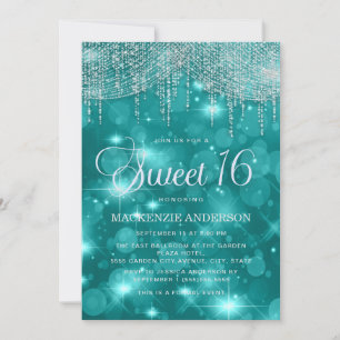 Aquamarin Türkis String Lights Bokeh Sweet 16 Einladung
