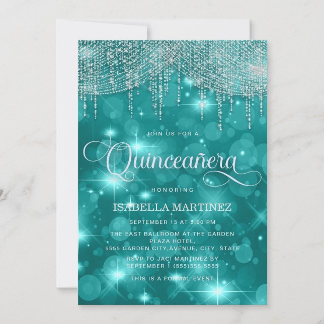 Aquamarin Türkis String Lights Sparkle Quinceañera Einladung (Vorderseite)