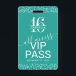 Aquamarin Türkis Sweet 16 Einladung VIP Pass Abzei Ausweis<br><div class="desc">Custom Turquoise Aqua Aquamarin Blue-Green Glitzer Sweet 16 VIP All-Access Pass Abzeichen Einladung mit einem 16. Geburtstag Monogramm - oder personalisieren Sie mit jedem einzelnen Gastnamen für Ihr Glam 16 . Geburtstag Party. Auf der Rückseite sind Einladungsdetails mit eleganten und modernen Schriftart mit kalligraphischen Schriftzeichen-Akzenten für kursive Schriftart gedruckt. Glitzer...</div>