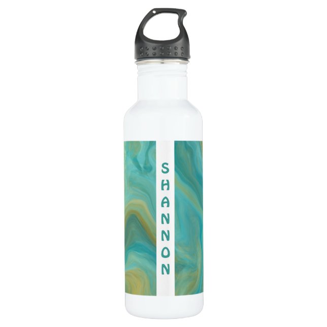 Aquamarin, türkis, Tan Fluid Art Marmor Personalis Edelstahlflasche (Vorderseite)