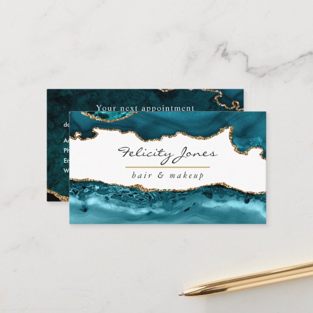 Aquamarin - Türkis und Gold Agate Business Terminkarte (Vorderseite/Rückseite Beispiel)