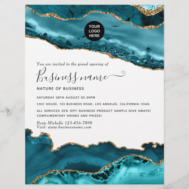 Aquamarin - Türkis und Gold Agate Grand Opening Flyer (Vorne)