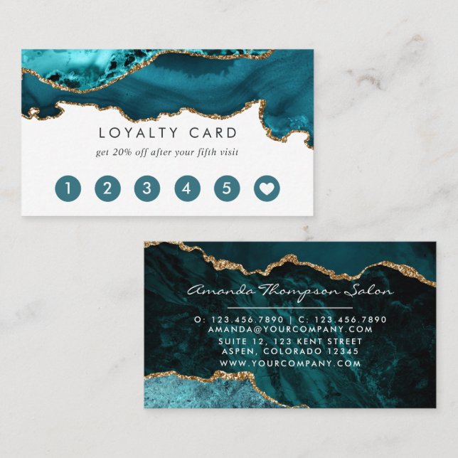 Aquamarin - Türkis und Gold Agate Treuekarte (Vorne/Hinten)