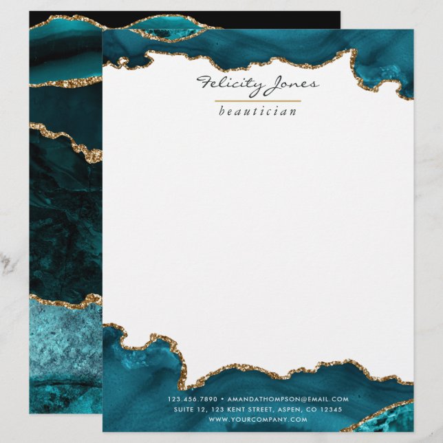 Aquamarin - Türkis und Gold Geode Agate Corporate Briefbogen (Vorne/Hinten)