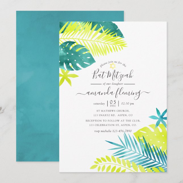 Aquamarin - Türkis und Lemon Tropical Bat Mitzvah Einladung (Vorne/Hinten)