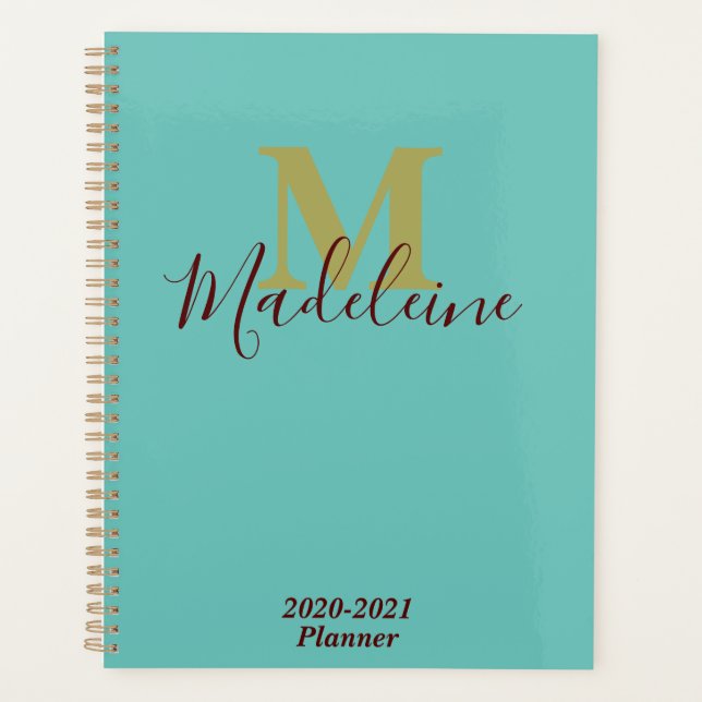 Aquamarin türkisblaue Monogram Big Ideas 2021 Planer (Vorderseite)