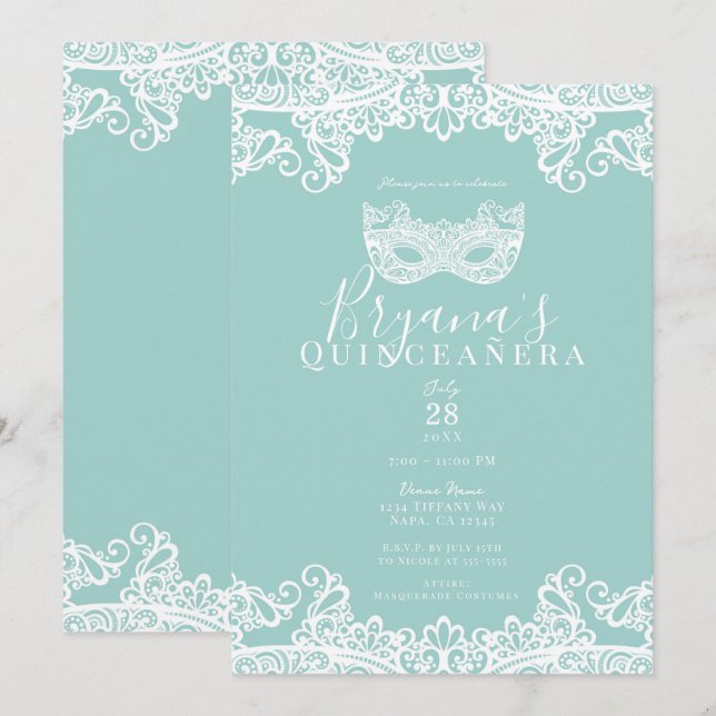 Aquamarin türkisfarbene Spitzen-Masquerade 15. Qui Einladung (Vorne/Hinten)