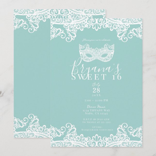 Aquamarin türkisfarbene Spitzenmasquerade Sweet 16 Einladung (Vorne/Hinten)