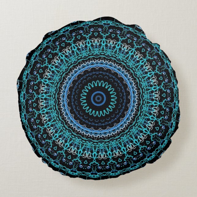 Aquamarin und Black Mandala Rundes Kissen (Rückseite)