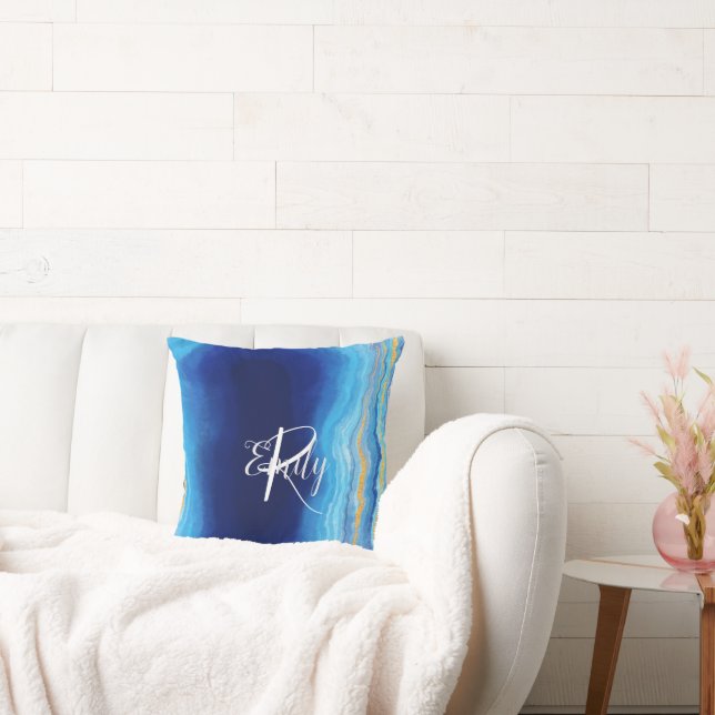 Aquamarin und blau Agate Marble Abstrakt Name Mono Kissen (Liege)
