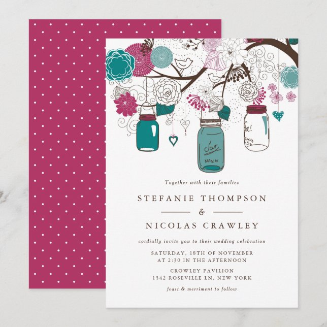 Aquamarin und Burgund Hanging Mason Jars Wedding Einladung (Vorne/Hinten)