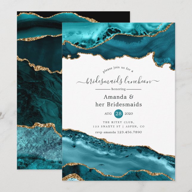 Aquamarin und Gold Agate Bridesmaids Luncheon Einladung (Vorne/Hinten)