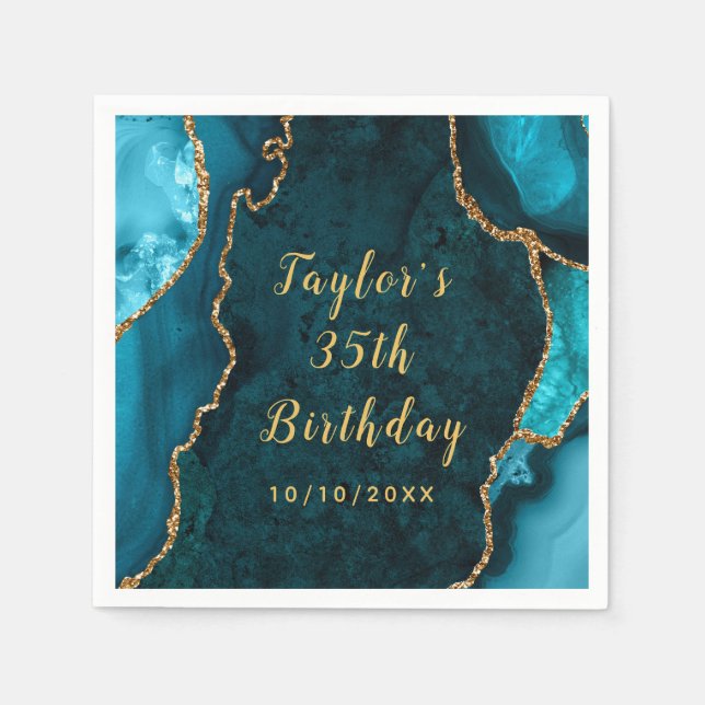 Aquamarin und Gold Agate Marble Geburtstag Serviette (Vorderseite)