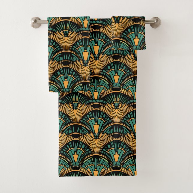 Aquamarin und Gold Art Deco Badhandtuch Set (Insitu)