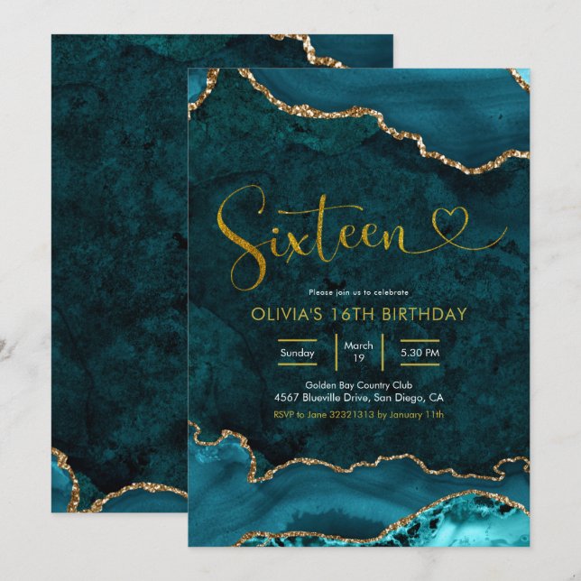 Aquamarin und gold Einladung zum 16. Geburtstag (Vorne/Hinten)