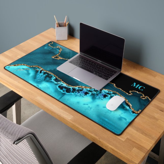 Aquamarin- und Gold-Glitzer-Gatter mit Aquamariner Schreibtischunterlage (Büro 2)
