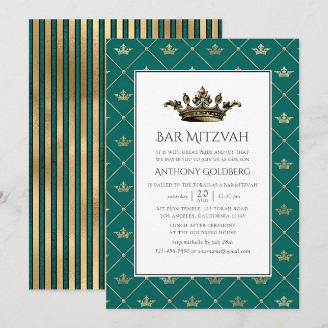 Aquamarin und Gold Heraldic Bar Mitzvah Einladung (Vorne/Hinten)