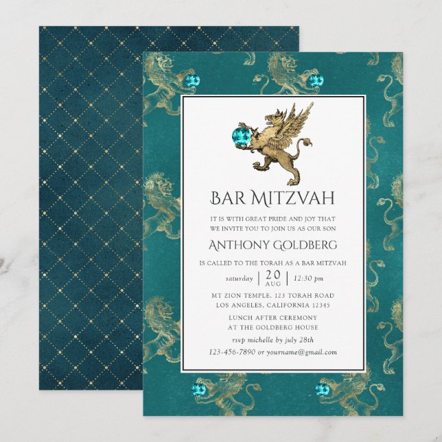 Aquamarin und Gold Heraldic Bar Mitzvah Einladung (Vorne/Hinten)