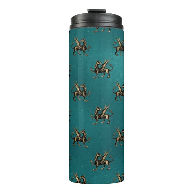 Aquamarin und Gold Heraldic Griffon Thermosbecher (Vorderseite)