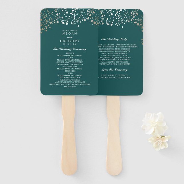 Aquamarin und Gold | Hochzeitsprogramm für Gipskrä Fächer (Vorne und Hinten)