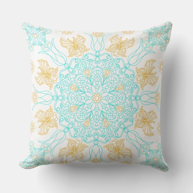 Aquamarin und Gold Mandala mit Schmetterling Kissen (Vorderseite)