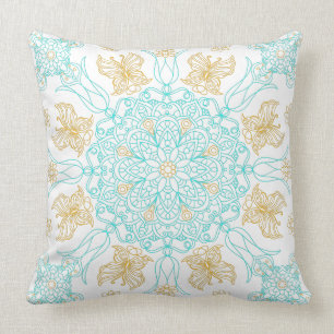 Aquamarin und Gold Mandala mit Schmetterling Kissen