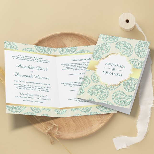 Aquamarin und Gold Paisley Traditionelle Indische  Einladung (Von Creator hochgeladen)