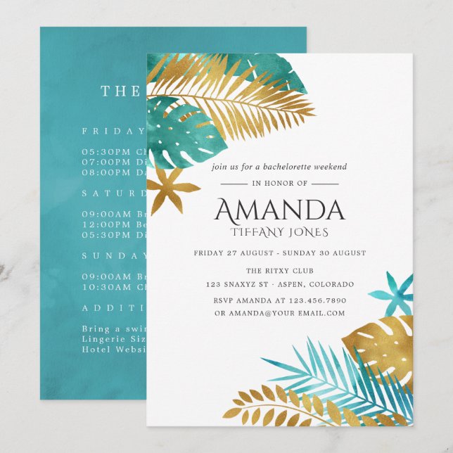 Aquamarin und Gold Tropical Bachelorette Wochenend Einladung (Vorne/Hinten)