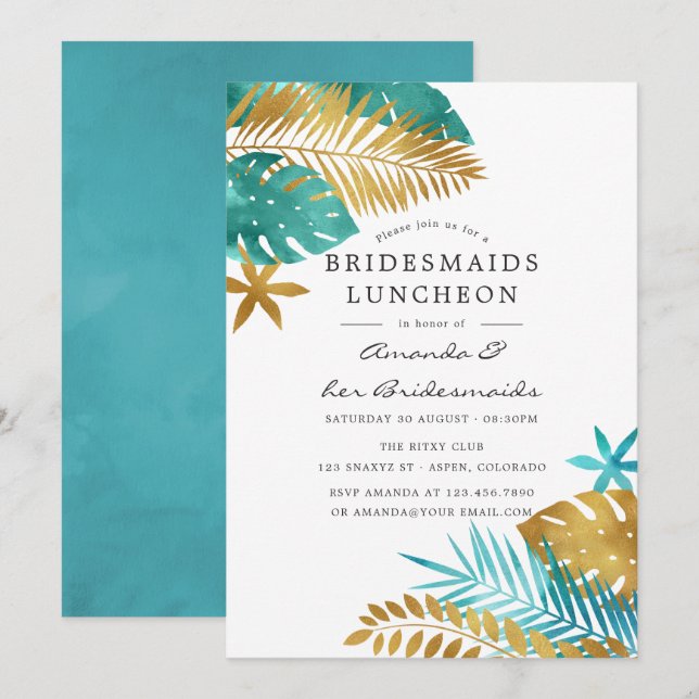 Aquamarin und Gold Tropical Bridesmaids Luncheon Einladung (Vorne/Hinten)