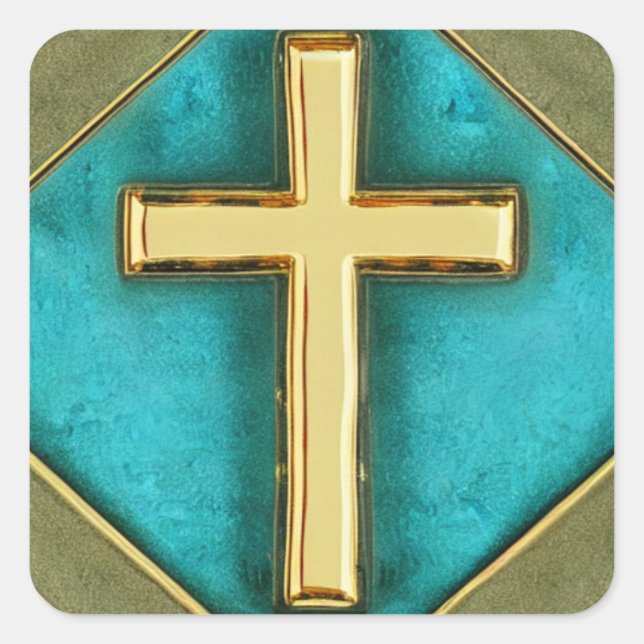 Aquamarin- und Goldkreuzkleber Quadratischer Aufkleber (Vorderseite)