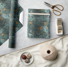 Aquamarin- und Goldleaf-Design gestört Geschenkpapier