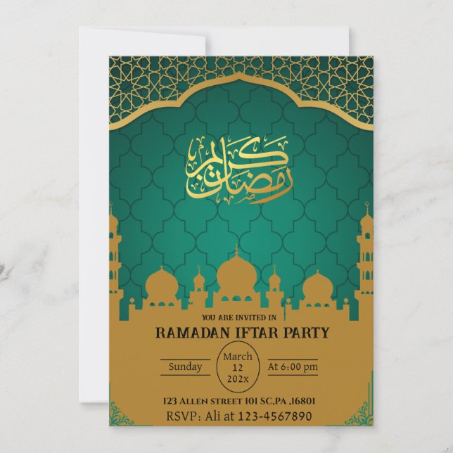 Aquamarin- und Goldmuslimisch-Ramadan Iftar-Party Einladung (Vorderseite)