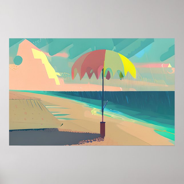Aquamarin- und Peach-Strand, Berg und Schirm Poster (Vorne)