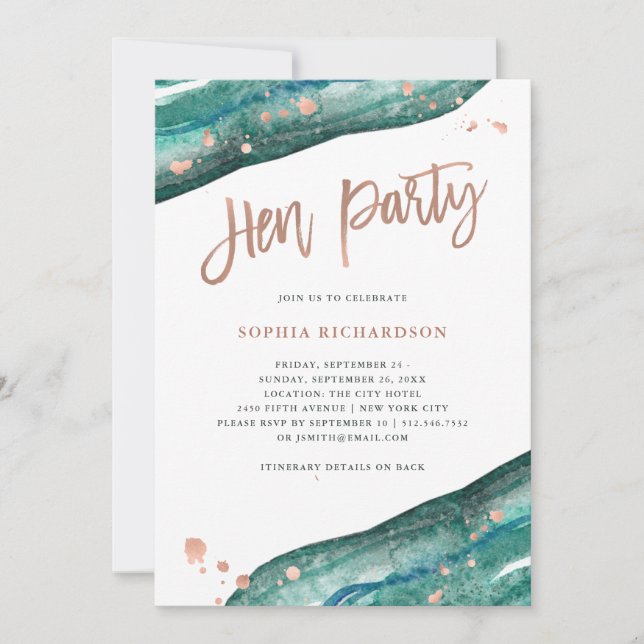 Aquamarin und Rose Gold Geode Hen Party mit Routen Einladung (Vorderseite)
