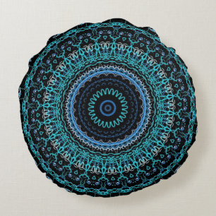 Aquamarin und Schwarz Mandala Rundes Kissen