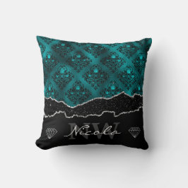 Aquamarin und schwarz Ombre Glam Glitzer Damask Mo Kissen