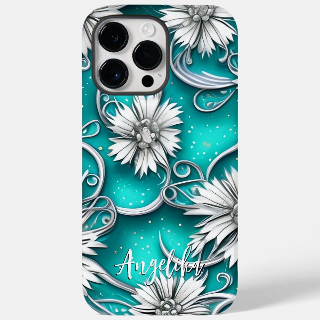 Aquamarin und silber Moderne Abstrakte Blume Case-Mate iPhone 14 Pro Max Hülle (Rückseite)