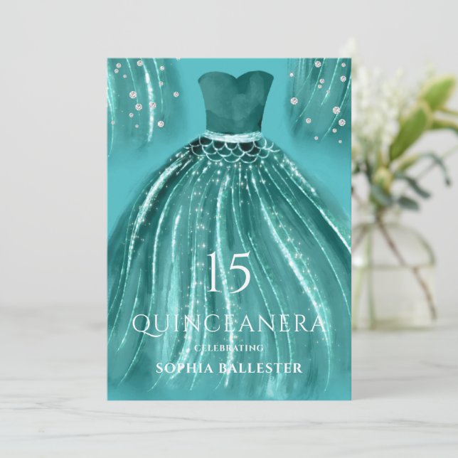 Aquamarin unter dem Meeresschutzkleid Quinceanera Einladung (Stehend Vorderseite)