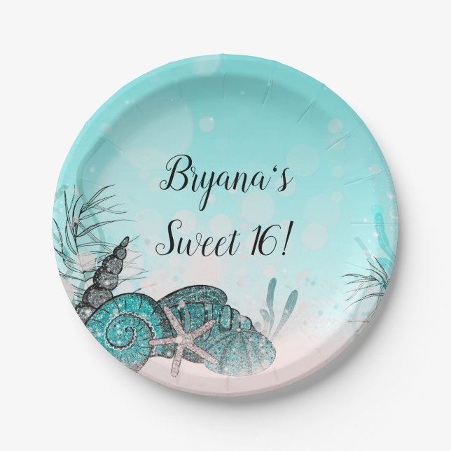 Aquamarin unter den Muscheln Strand Sweet 16 Party Pappteller (Vorderseite)