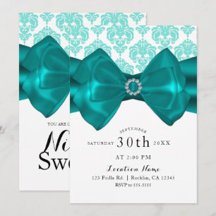Aquamarin & weiß Damask Bow Glam Chic Sweet 16 Par Einladung