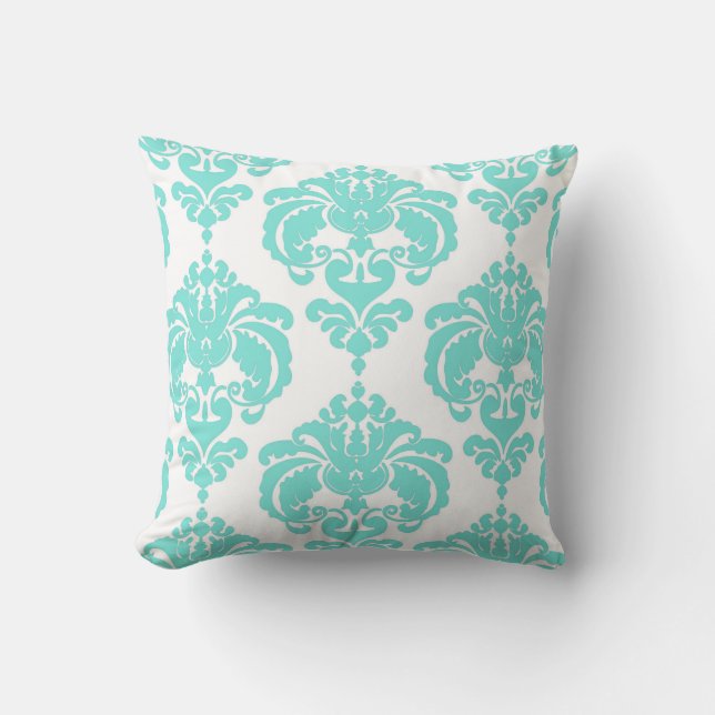 Aquamarin & weiß Damaske Chic Modernes, elegantes  Kissen (Vorderseite)