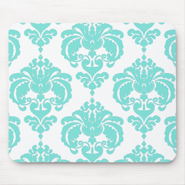 Aquamarin & weiß Damaske Chic Modernes, elegantes  Mousepad (Vorne)