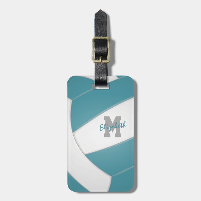 aquamarin-weiß-mit Monogramm-Volleyball Gepäckanhänger (Vorderseite vertikal)