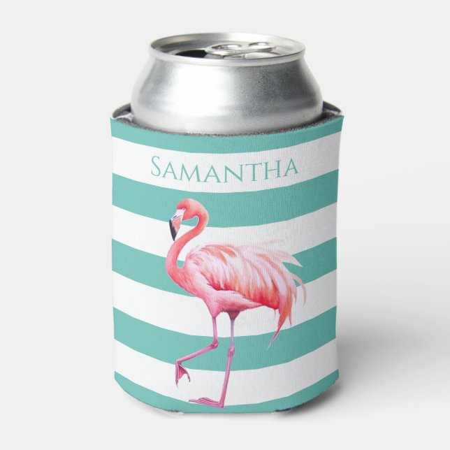 Aquamarin weiße Streifen Rosa Flamingo Personalisi Dosenkühler (Kanne Vorderseite)