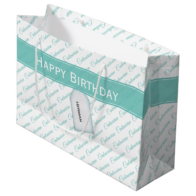 Aquamarin-weiße Typografie-Muster - 100. Große Geschenktüte (Vorderseite Schrägansicht)