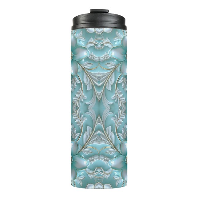 Aquamarin weißer Blumenthermaltumbler Thermosbecher (Vorderseite)