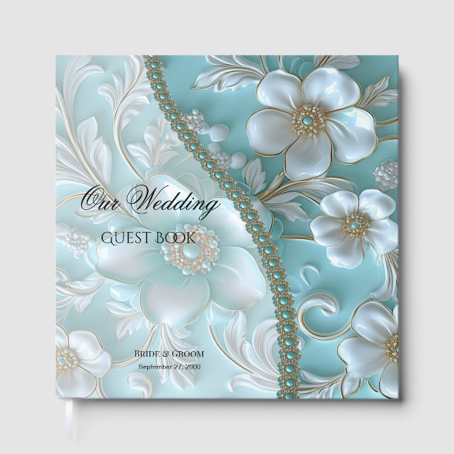 Aquamarin White Floral Guest Book Gästebuch (Vorderseite)