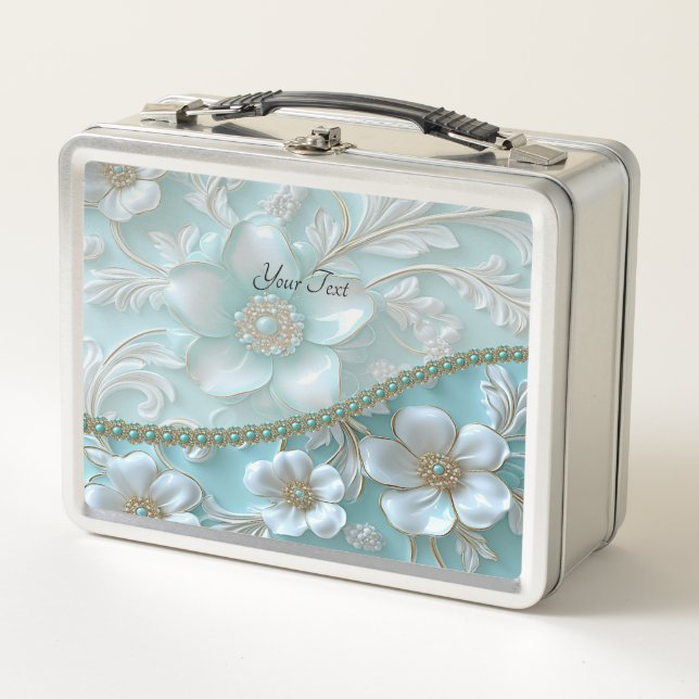 Aquamarin-White Floral Lunchbox (Vorderseite)